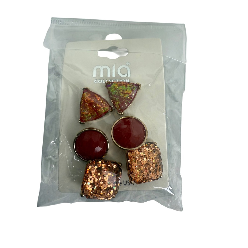 NEW Mia Collection Stud Earrings‎ Set Gold Tone Glitter Gemstone 6 Pair MU37952